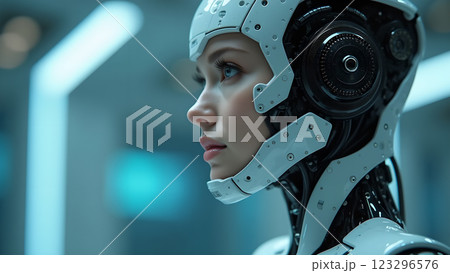 A woman with neon makeup stands in a night party atmosphere, illuminated by colorful lights and bokeh 123296576