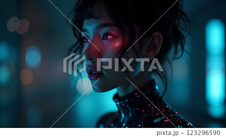 A woman with neon makeup stands in a night party atmosphere, illuminated by colorful lights and bokeh 123296590