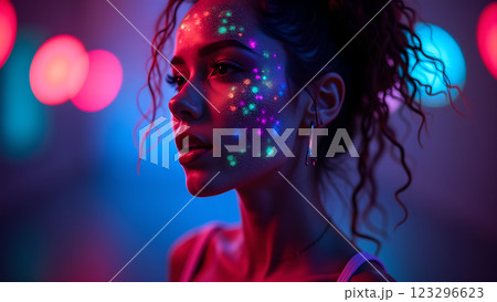 A woman with neon makeup stands in a night party atmosphere, illuminated by colorful lights and bokeh 123296623
