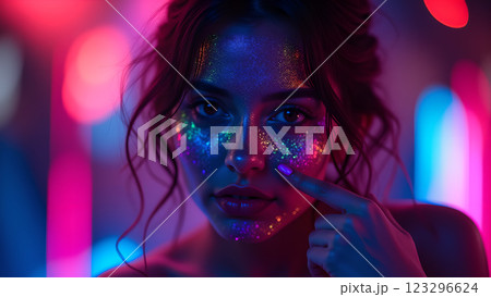A woman with neon makeup stands in a night party atmosphere, illuminated by colorful lights and bokeh 123296624