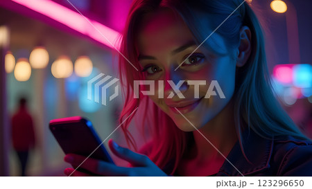 A woman with neon makeup stands in a night party atmosphere, illuminated by colorful lights and bokeh 123296650