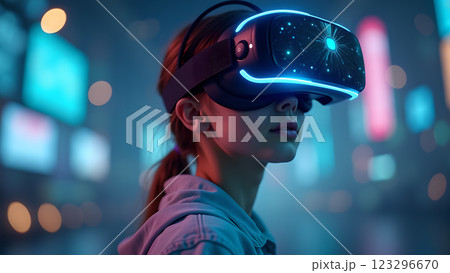 A woman with neon makeup stands in a night party atmosphere, illuminated by colorful lights and bokeh A woman with neon makeup stands in a night party atmosphere, illuminated by colorful lights and bokeh 123296670