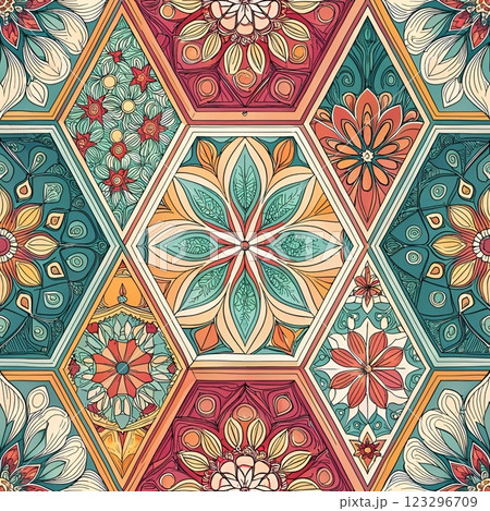 Floral seamless pattern with vintage geometric decoration 123296709