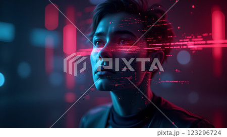 A close up of a person with a neon pink and blue light effect 123296724
