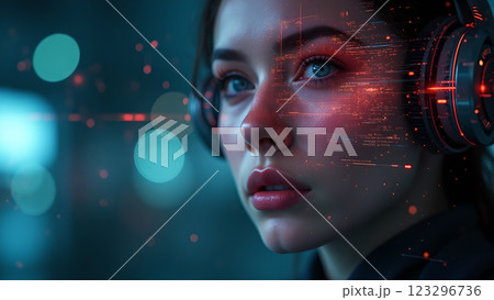 A close up of a person with a neon pink and blue light effect A close up of a person with a neon pink and blue light effect 123296736