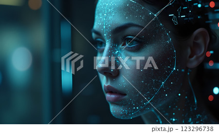 A close up of a person with a neon pink and blue light effect A close up of a person with a neon pink and blue light effect 123296738