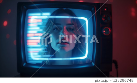 A close up of a person with a neon pink and blue light effect 123296749