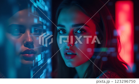 A close up of a person with a neon pink and blue light effect A close up of a person with a neon pink and blue light effect 123296750