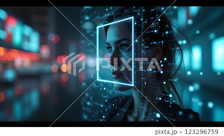 A close up of a person with a neon pink and blue light effect 123296759
