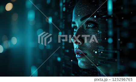 A close up of a person with a neon pink and blue light effect A close up of a person with a neon pink and blue light effect 123296765