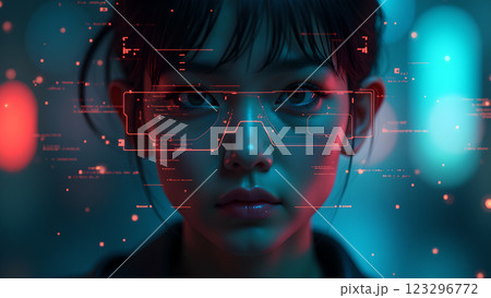A close up of a person with a neon pink and blue light effect 123296772
