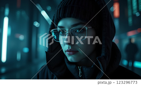 A close up of a person with a neon pink and blue light effect 123296773