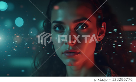 A close up of a person with a neon pink and blue light effect 123296776