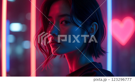 A close up of a person with a neon pink and blue light effect 123296777