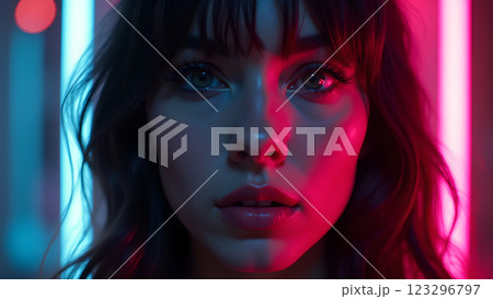 A close up of a person with a neon pink and blue light effect A close up of a person with a neon pink and blue light effect 123296797