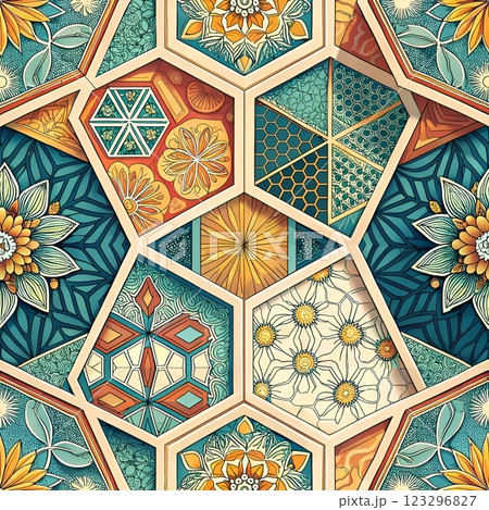 Floral seamless pattern with colorful vintage geometric mosaic design 123296827