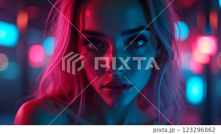 A close up of a person with a neon pink and blue light effect 123296862