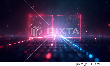 A digital stream of data with blue and pink light rays creates a futuristic and abstract background. 123296899