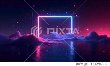 A digital stream of data with blue and pink light rays creates a futuristic and abstract background. 123296900