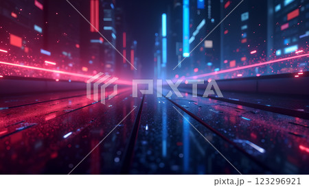 A digital stream of data with blue and pink light rays creates a futuristic and abstract background. 123296921