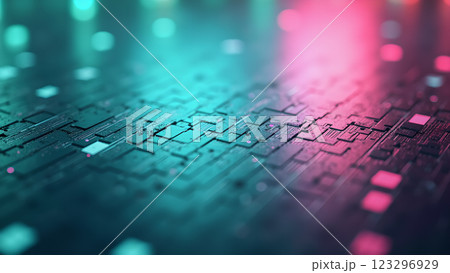 A digital stream of data with blue and pink light rays creates a futuristic and abstract background. 123296929