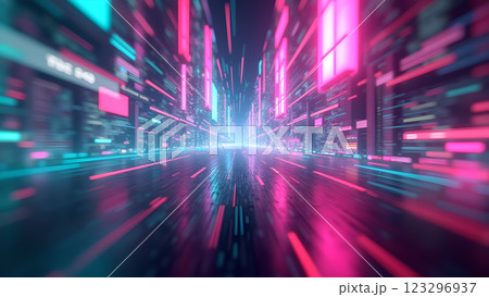 A digital stream of data with blue and pink light rays creates a futuristic and abstract background. 123296937