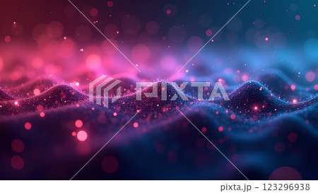 A digital stream of data with blue and pink light rays creates a futuristic and abstract background. 123296938
