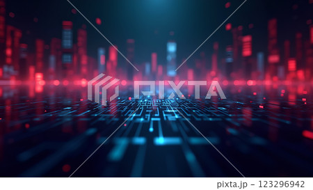 A digital stream of data with blue and pink light rays creates a futuristic and abstract background. 123296942