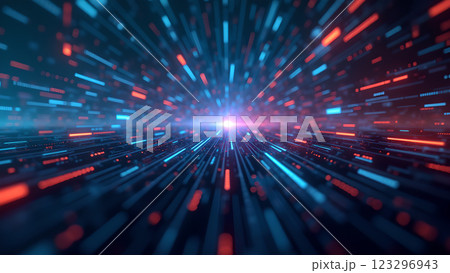 A digital stream of data with blue and pink light rays creates a futuristic and abstract background. 123296943