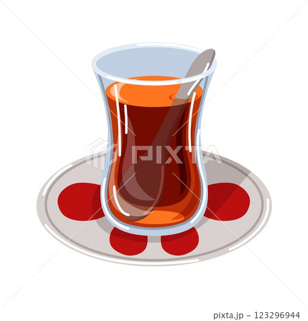 Traditional Turkish tea in a tulip shaped glass with spoon on saucer with red patterns. Ideal for culinary and cultural illustrations, restaurant breakfast menu. Vector isolated on white background. 123296944