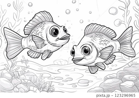 Two playful fish explore their colorful underwater home, filled with bubbles and plants Two playful fish explore their colorful underwater home, filled with bubbles and plants 123296965