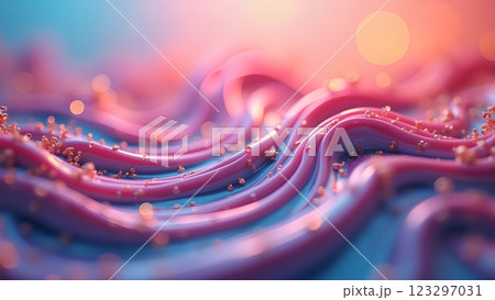 Abstract image featuring pastel pink and blue fluids blending smoothly. A dreamy and soft texture creating a gentle gradient with a bokeh effect. 123297031