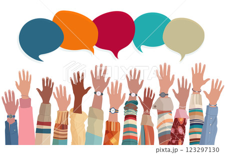 Anonymous raised of multicultural group people.Racial equality.Speech bubble.Crowd people.Men and women of diverse races.Communication.Male female.Diversity inclusion.Isolated 123297130