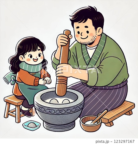 餅つきをする親子 123297167
