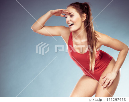 Lifeguard woman looking out into the distance. 123297458