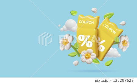 Spring and summer sale background design with 3d discount coupons flowers and leaves Spring and summer sale background design with 3d discount coupons flowers and leaves 123297628