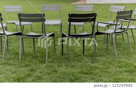 Many metallic chairs Many metallic chairs 123297685
