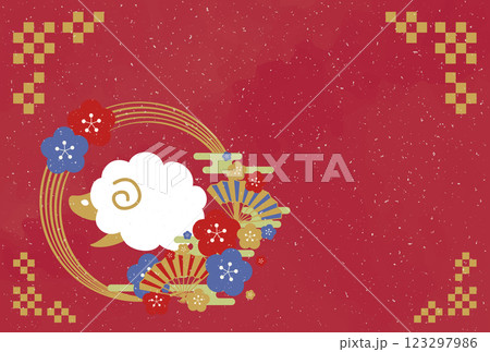 未年を祝うお祝いの年賀状テンプレートイラスト 和風 2027年 123297986