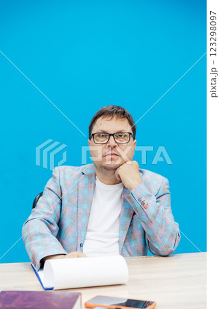 Happy business project manager working from home, using laptop, typing, making video call, looking at screen. 123298097