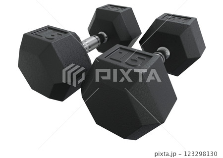 Hex Dumbbells with number 15, weightlifting gym equipment side view. Png clipart isolated on transparent background 123298130