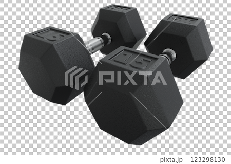 Hex Dumbbells with number 15, weightlifting gym equipment side view. Png clipart isolated on transparent background 123298130