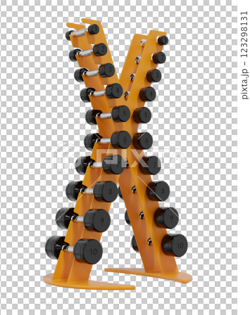 Gym Dumbbell rack in X shape, a stand for weightlifting gym equipment with different size and weight dumbbells. Png clipart isolated on transparent background Gym Dumbbell rack in X shape, a stand for weightlifting gym equipment with different size and weight dumbbells. Png clipart isolated on transparent background 123298131