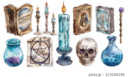 A colorful watercolor set features tarot cards, candles, and a divination ball among mystic items A colorful watercolor set features tarot cards, candles, and a divination ball among mystic items 123298166