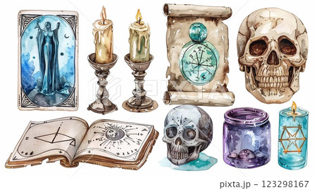 Watercolor art features tarot cards, candles, and mystical items for divination Watercolor art features tarot cards, candles, and mystical items for divination 123298167