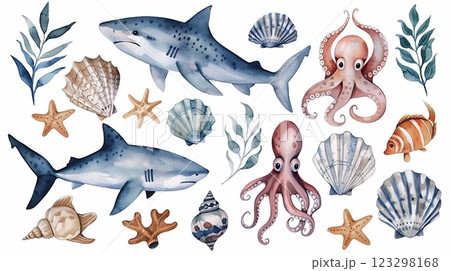 Vivid watercolor art features sharks, an octopus, seashells, and vibrant marine life. 123298168