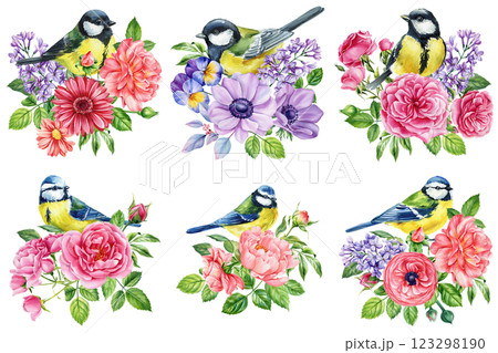 watercolor birds and flowers illustration, hand painted nature design, floral bouquet with songbirds isolated clipart watercolor birds and flowers illustration, hand painted nature design, floral bouquet with songbirds isolated clipart 123298190