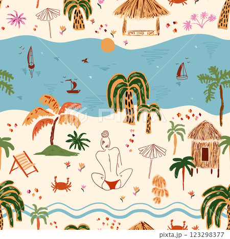 Summer tropical landscape seamless pattern. Vector hand drawn palm tree, beach houses, sea, boats, seacoast girl silhouette. Summer tropical landscape seamless pattern. Vector hand drawn palm tree, beach houses, sea, boats, seacoast girl silhouette. 123298377