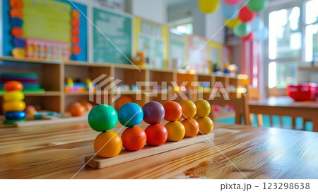Colorful counting and sorting tasks for preschoolers in a classroom 123298638