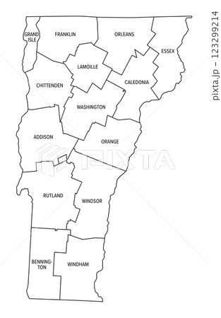 State of Vermont subdivided into 14 counties, outline map. State in the New England region of the Northeastern United States, nicknamed The Green Mountain State. Map with boundaries and county names. 123299214