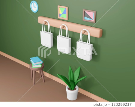 3Dレンダリングの白いエコバッグと室内 3Dレンダリングの白いエコバッグと室内 123299237